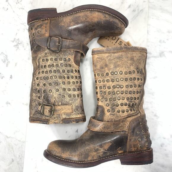 BED STU Cobbler Series Moto Boots Women 6 Brown Leather Studded Distressed NWT - Picture 3 of 12